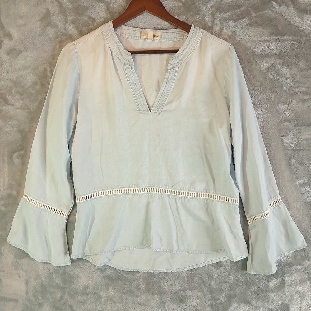 Cloth & Stone Anthropologie Chambray Top Womens Small Light Wash Crochet Peplum